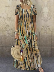 Tie Dye Striped Dress Short Sleeve Ankle Dress