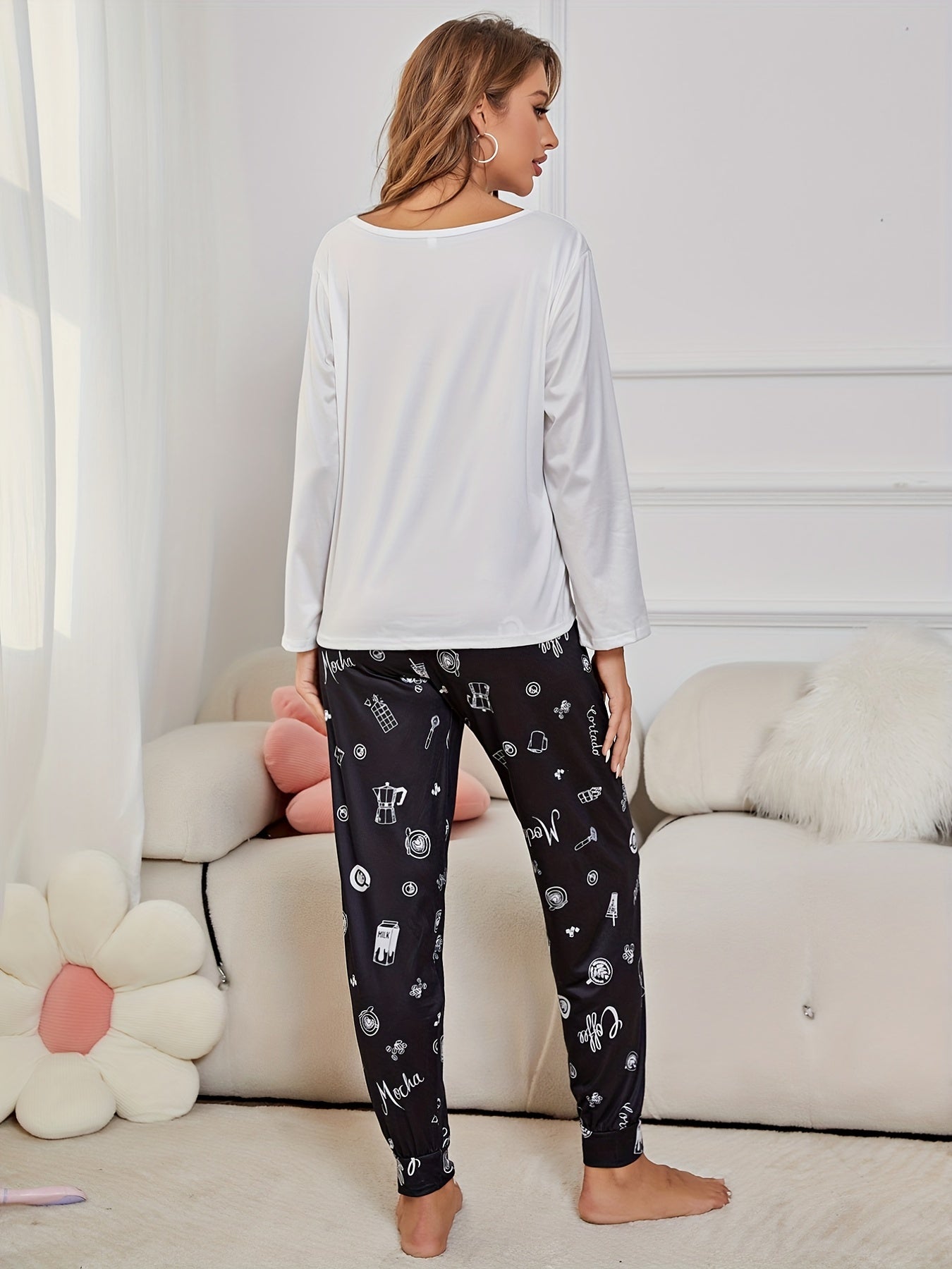 Graphic & Letter Print Pajama Set Long Sleeve Top & Pants