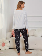 Graphic & Letter Print Pajama Set Long Sleeve Top & Pants