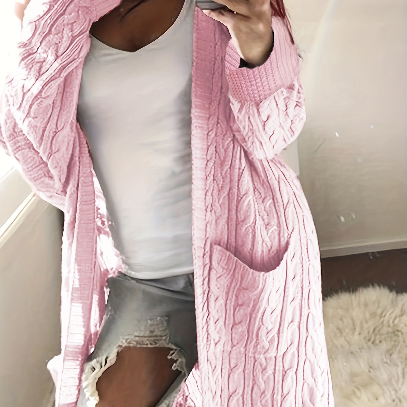 Cable Knit Long Sleeve Open Front Cardigan With Pockets