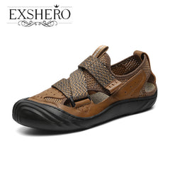 EXSHERO Men's Leather Sandals Outdoor Non Slip Beach Shoes