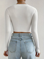 Solid Scoop Neck Crop Sweater Long Sleeve Slim Sweater For Spring & Fall
