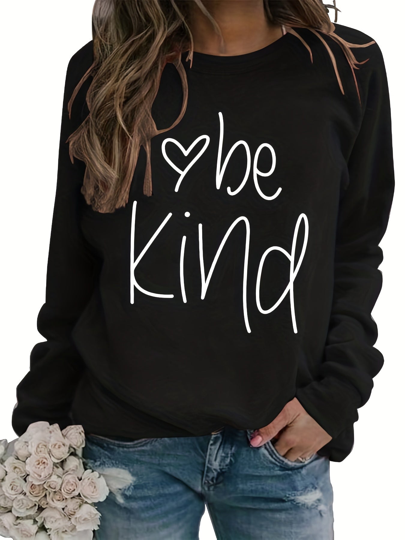 Be Kind Letter Print Sweatshirt Long Sleeve Crew Neck Pullover Sweatshirt