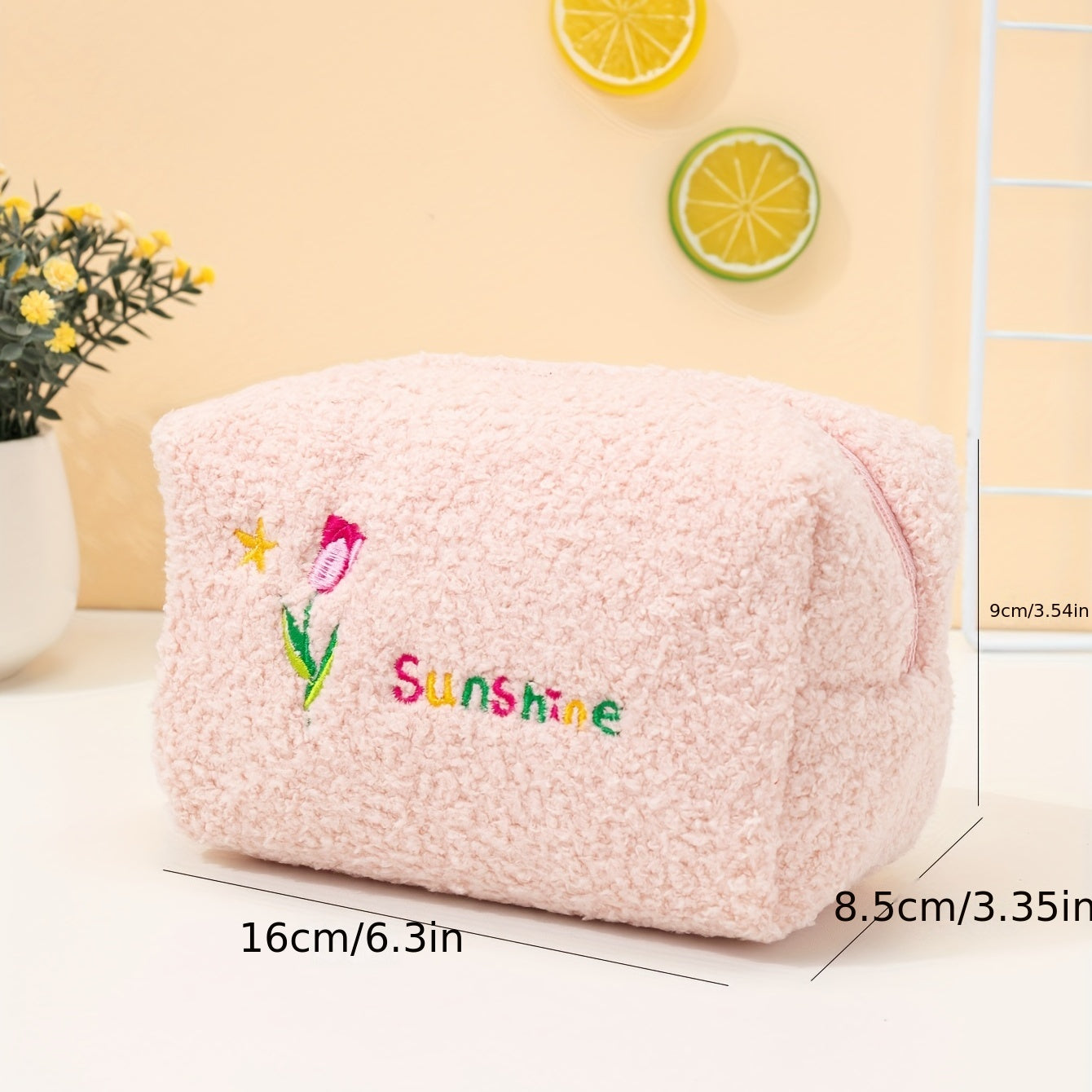 Embroidered Makeup Bag Plush Zip Toiletry Travel Organizer Gift