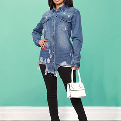 Women's Long Sleeve Distressed Denim Coats