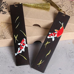Chinese Style Koi Carp Sandalwood Bookmark Tassel Pendant Lucky Book Mark