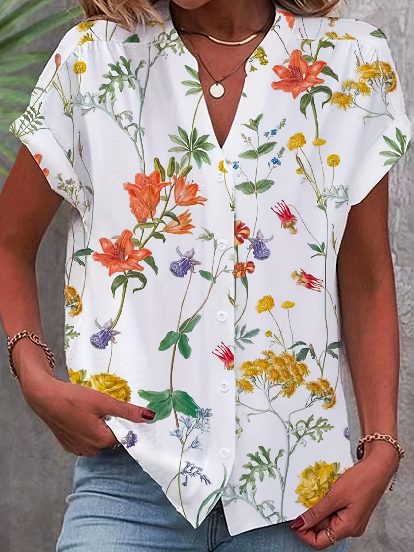 Women's Plus Floral Print Button Up Bat Sleeve Notched Neck Blouse