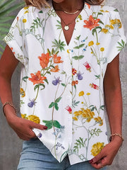 Women's Plus Floral Print Button Up Bat Sleeve Notched Neck Blouse