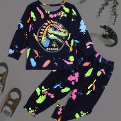 Boy's Dino Graffiti 2pcs Set Long Sleeve Top Casual Outfits For Spring Fall