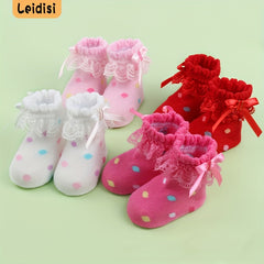 3 Pairs Baby Girls Lace Ruffled Socks Bowknot Decoration