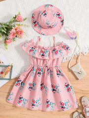 2pcs Toddler Girls Flowers Graphic Dress & Hat Set For Party Beach Vacation