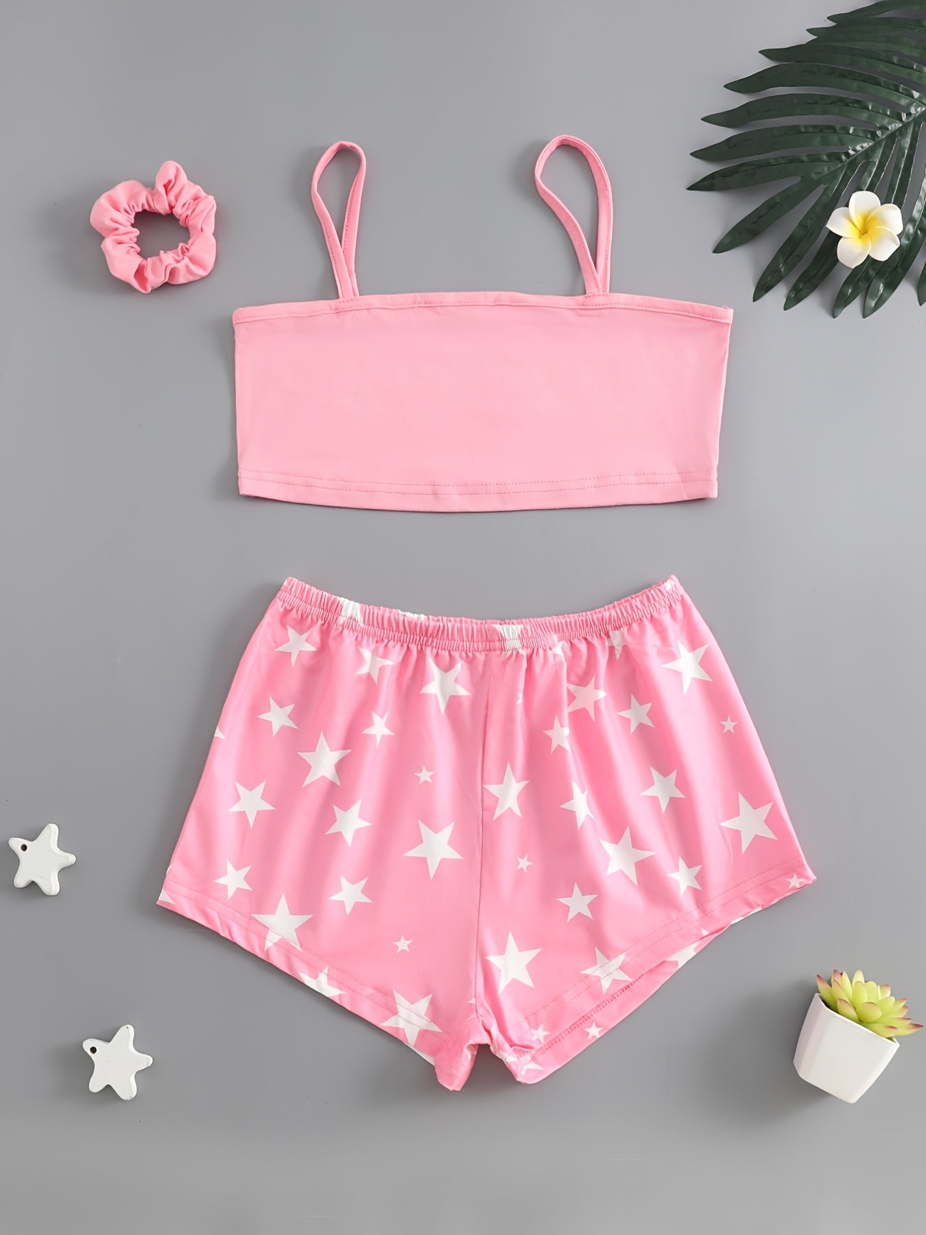 Girls Star Print Tank Top Shorts Set with Hair Band