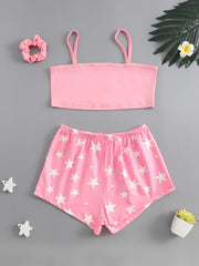 Girls Star Print Tank Top Shorts Set with Hair Band