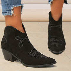 Women's Embroidered Heeled Ankle Boots Pointed Toe