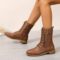 Retro Lace-Up Moto Boots with Side Zipper Chunky Mid-Tube