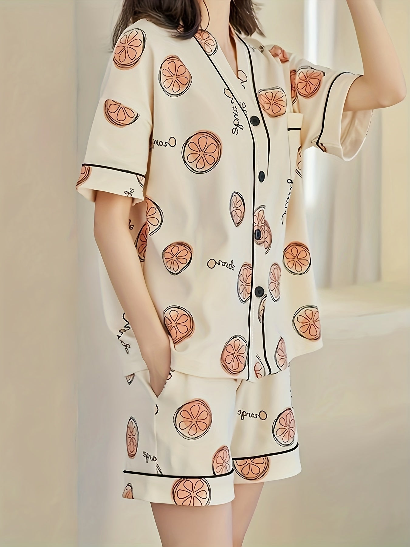 Fruit Print Button Lounge Set Short Sleeve Top & Loose Shorts
