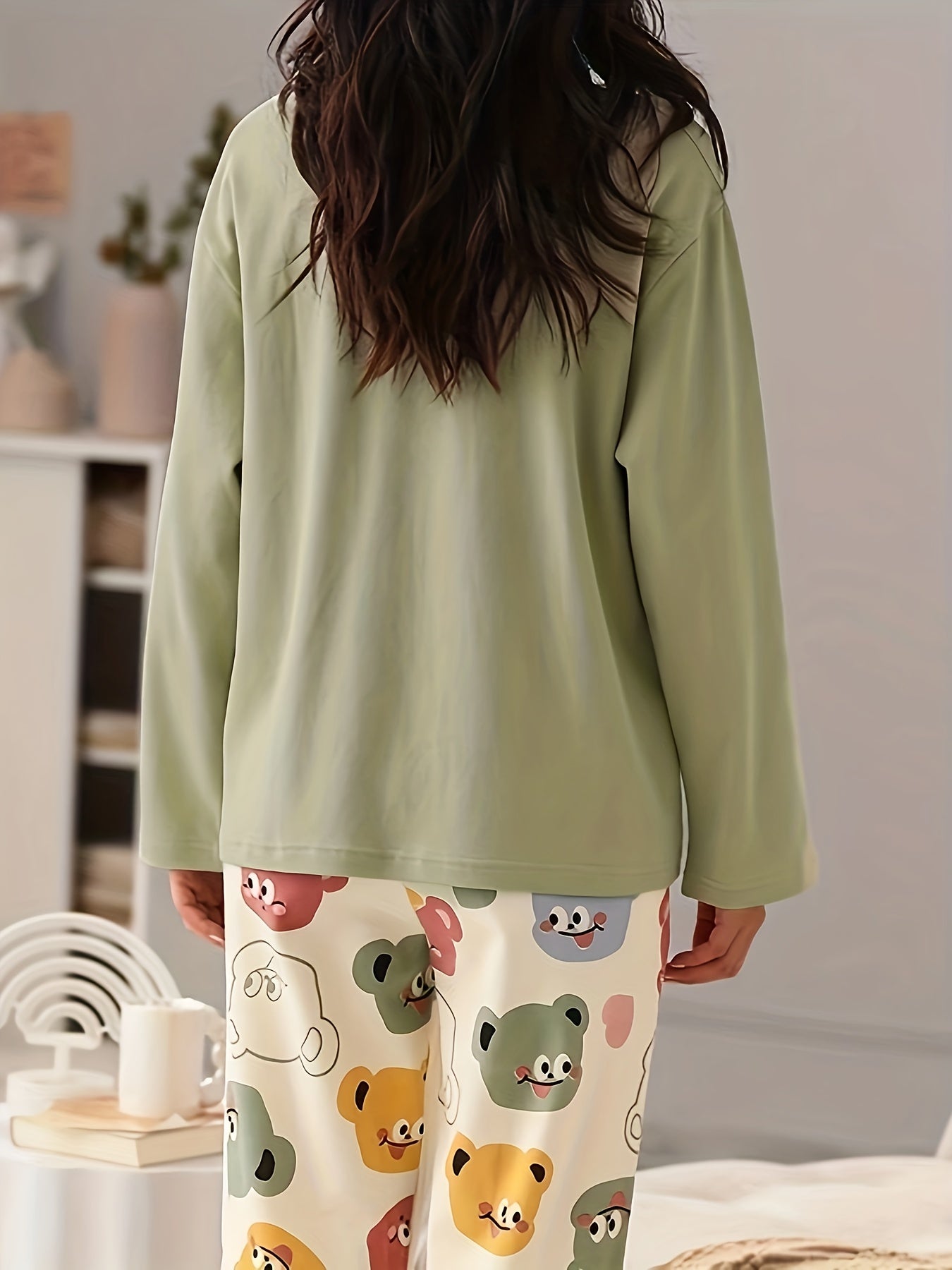 Bear Print Pajama Set Long Sleeve Top & Pants Women's Sleepwear