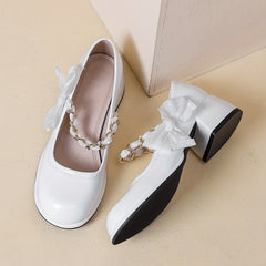 Women's Chain & Pearl Decor Strap Pumps Chunky Heel Shoes