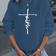 Faith Letter Print Sweatshirt Crew Neck Long Sleeve Women's Clothing