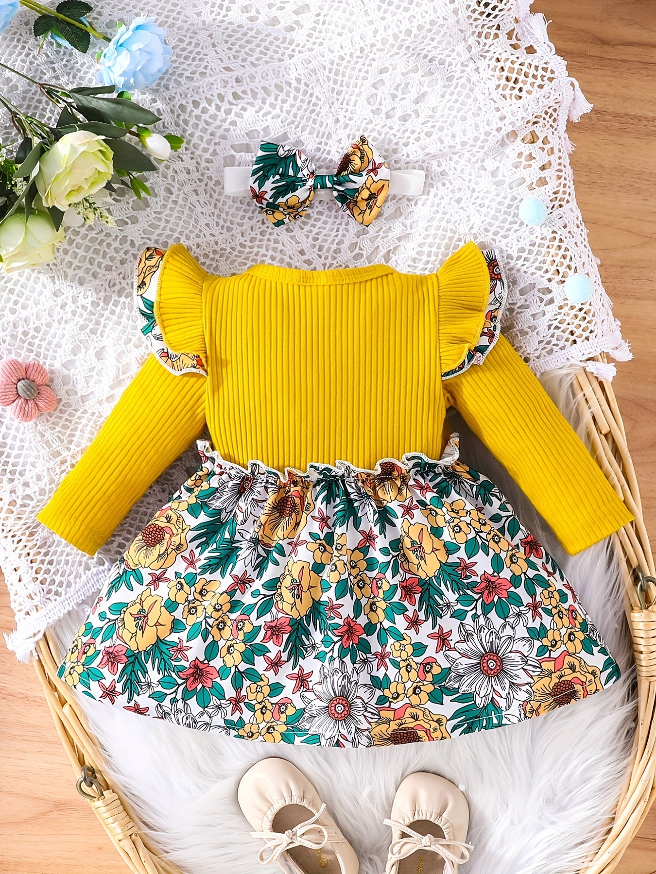 Baby Girl Floral Long Sleeved Dress Bow Puffy Dress