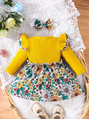Baby Girl Floral Long Sleeved Dress Bow Puffy Dress