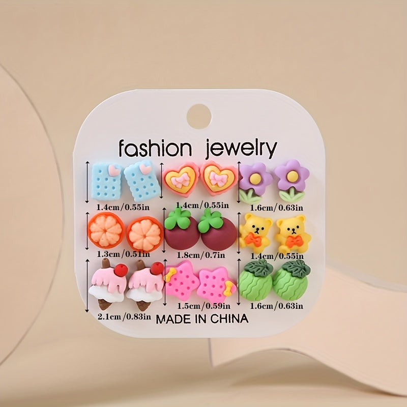 9 Pairs Small Fruit Animal Star Heart Flower Hypoallergenic Stud Earrings Set