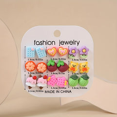 9 Pairs Small Fruit Animal Star Heart Flower Hypoallergenic Stud Earrings Set