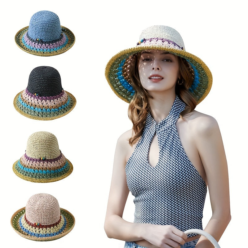 Rainbow Boho Sun Hat Crochet Gradient Bucket Hat Breathable Summer Sunscreen