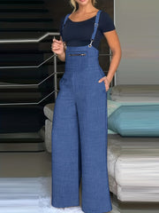 Solid Wide Leg Overall Jumpsuit Casual Pocket Front Overall Jumpsuit