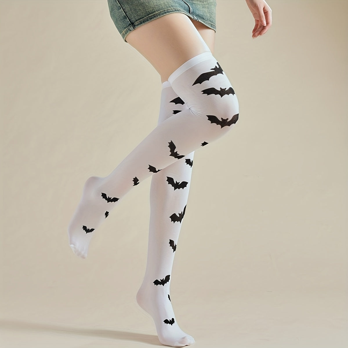 Bat Print Thigh High Socks Halloween Funny Over The Knee Socks Women's Stockings