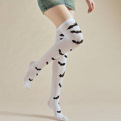 Bat Print Thigh High Socks Halloween Funny Over The Knee Socks Women's Stockings