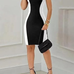 Colorblock Cap Sleeve Round Neck Slim Fit Dress