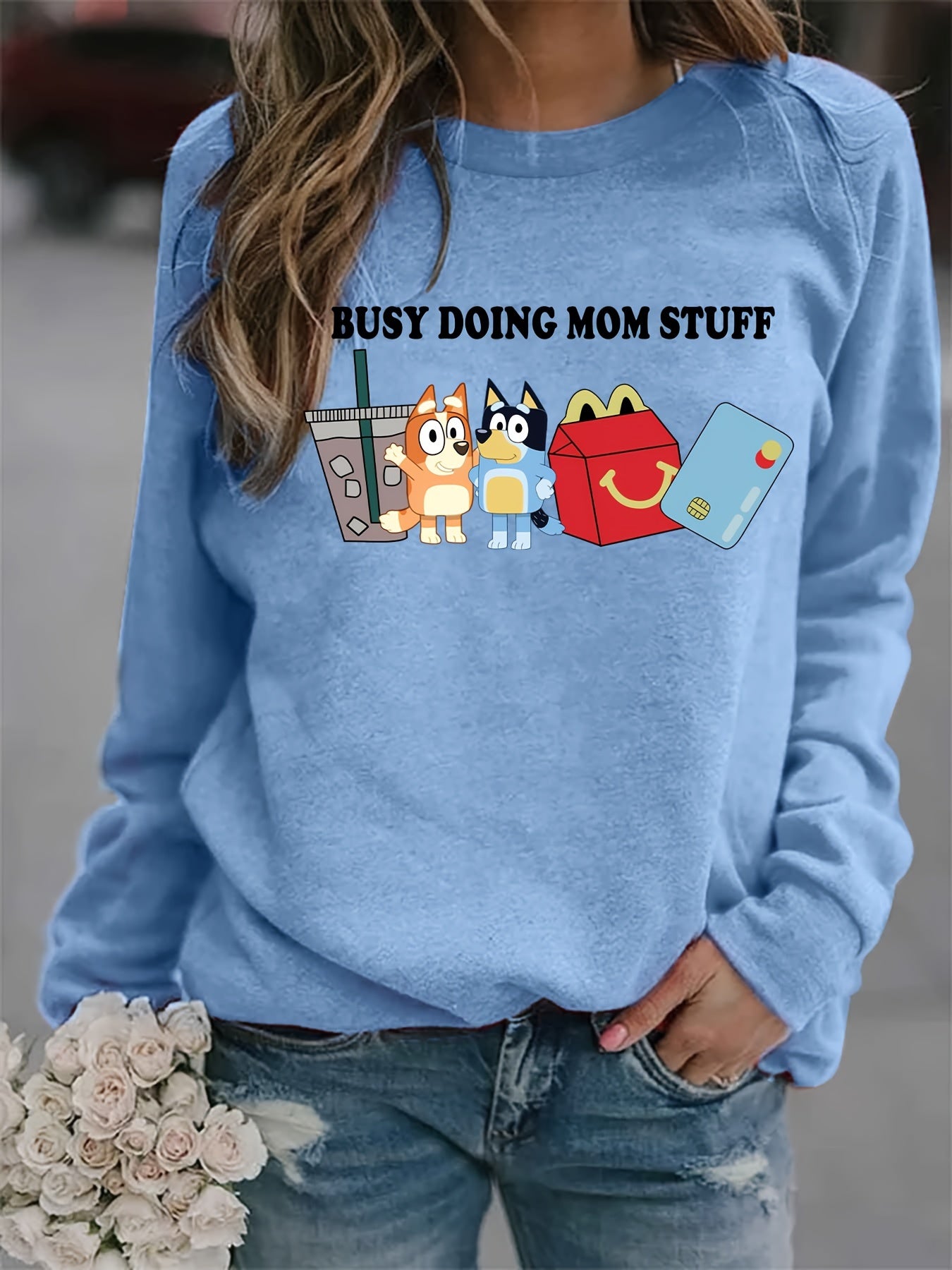 Letter & Cartoon Print Sweatshirt Crew Neck Long Sleeve Women's Clothing