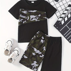 Boys Camo Print T-shirt & Shorts Set, Summer Kids Clothing
