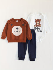 Baby Boy's Bear Graphic Sweatshirt & Romper & Trousers Set