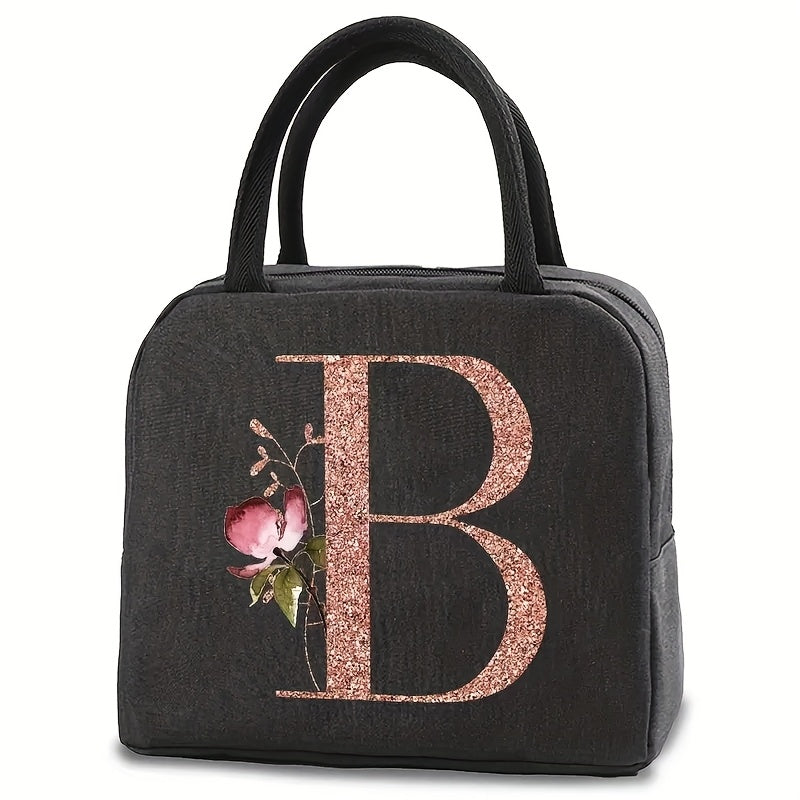 Glittery Letter B Insulated Lunch Bag with Floral Design