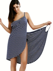 Striped V Neck Beachwear Dress Spaghetti Straps Backless Cover Up