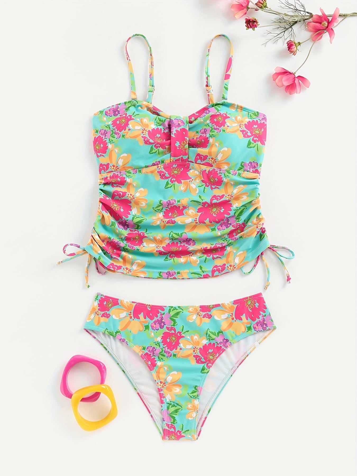 Floral Tankini Set Spaghetti Straps High Cut Swimsuit Women's Swimwear