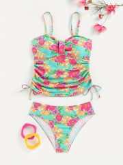 Floral Tankini Set Spaghetti Straps High Cut Swimsuit Women's Swimwear
