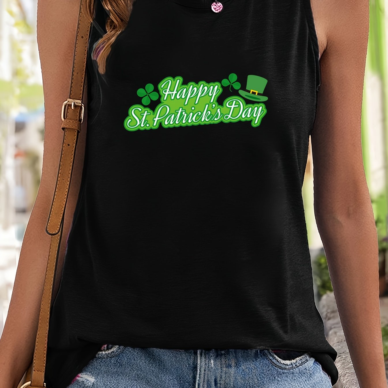 Letter & Leaf Print Sleeveless Sports Vest Round Neck Stretchy Casual Top