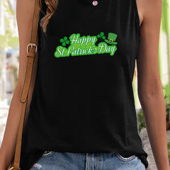 Letter & Leaf Print Sleeveless Sports Vest Round Neck Stretchy Casual Top