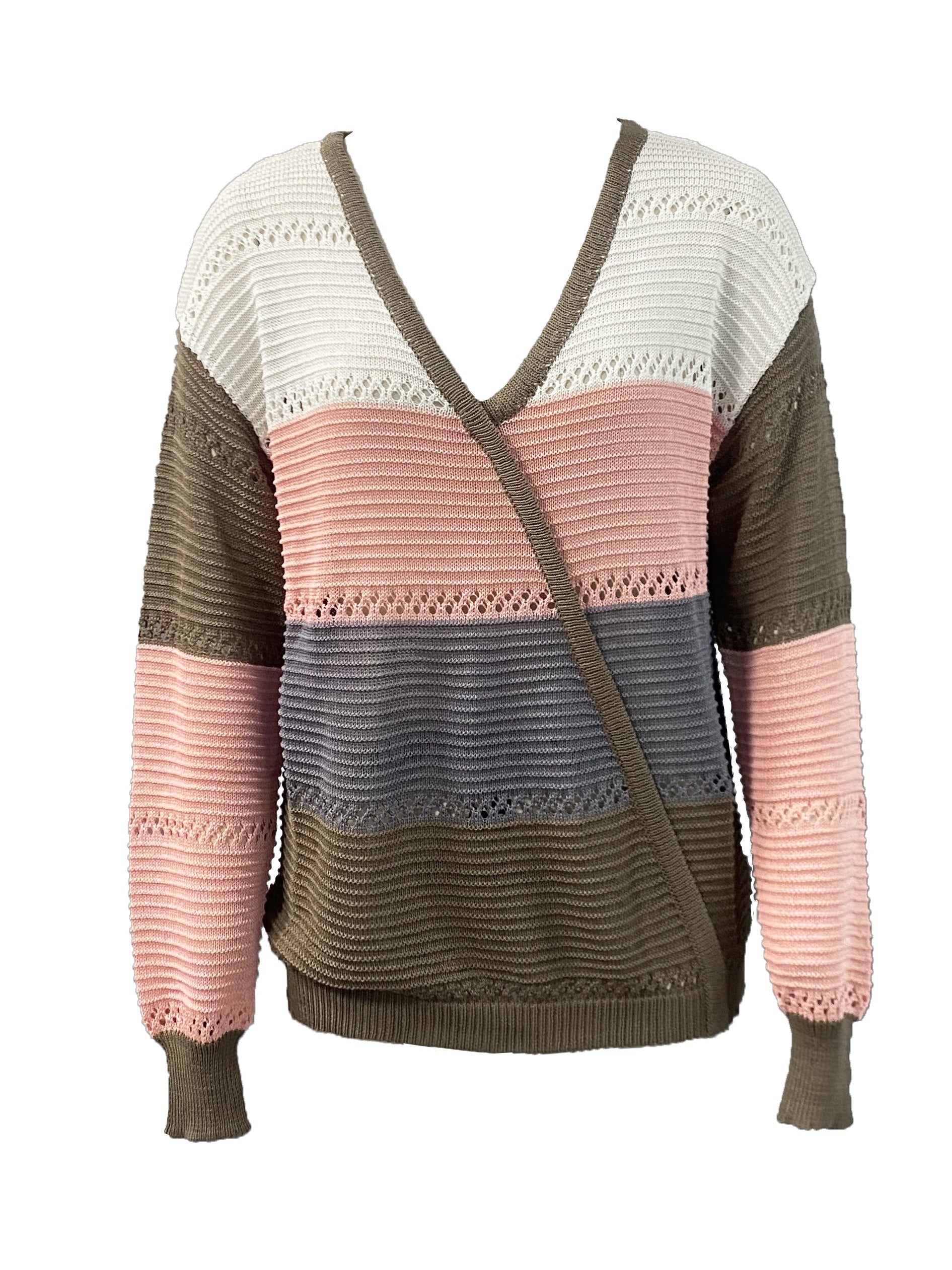 Block Eyelet Pullover V Neck Sweater Long Sleeve