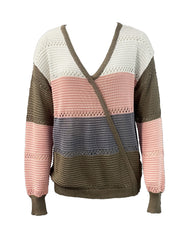 Block Eyelet Pullover V Neck Sweater Long Sleeve