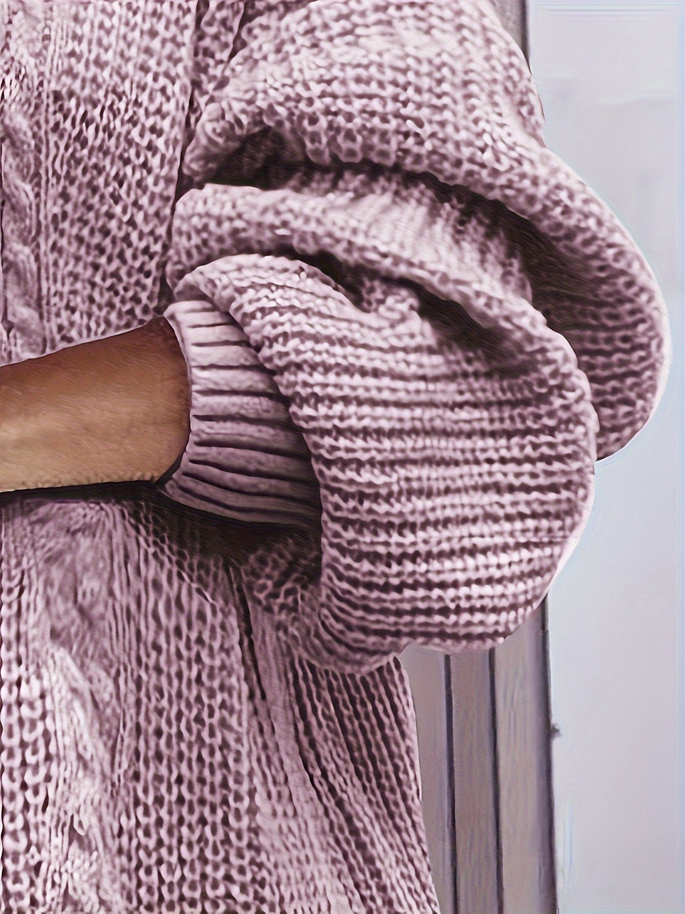 Solid Jacquard Lantern Sleeve V Neck Casual Sweater