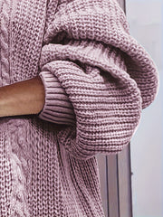 Solid Jacquard Lantern Sleeve V Neck Casual Sweater