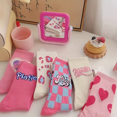 6 Pairs Heart & Plaid Print Socks Women's Mid Tube Stockings