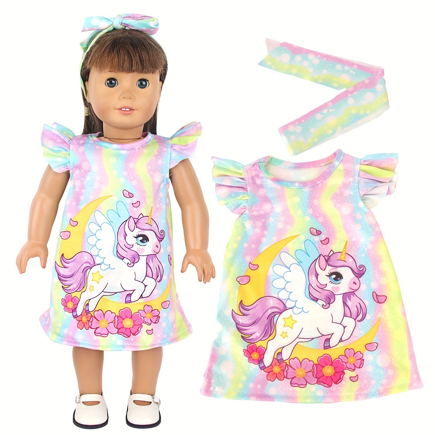 18" Doll Unicorn Flying Sleeve Skirt Headband Nightgown