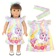 18" Doll Unicorn Flying Sleeve Skirt Headband Nightgown