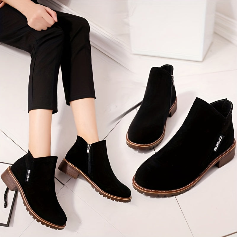 Chunky Heeled Ankle Boots Round Toe Zipper Shoes