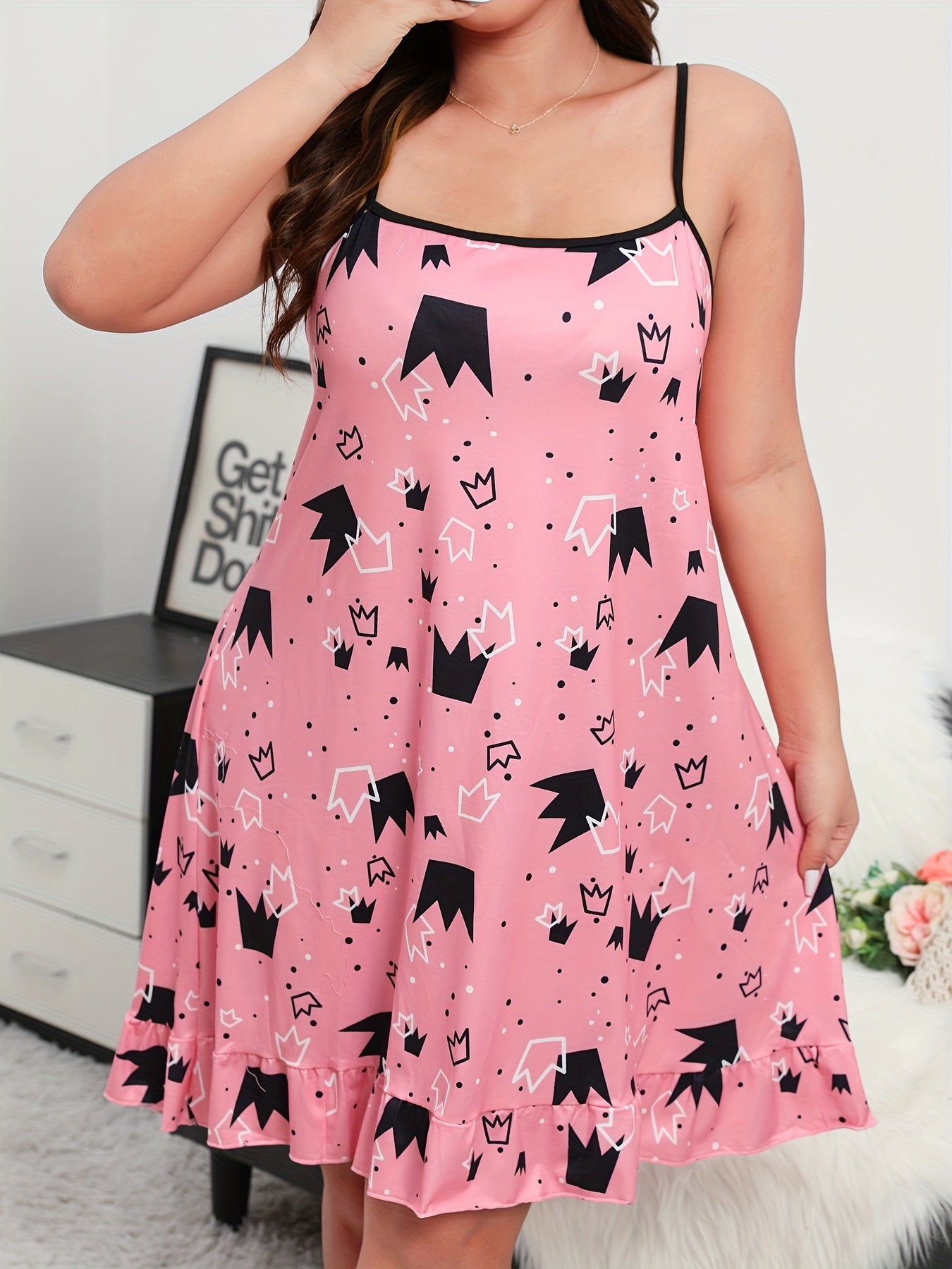 Women's Nightdress Dot & Crown Print Cami Sleep Dress